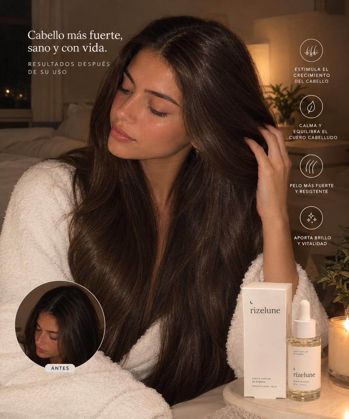 Cabello largo y brillante tras usar el aceite de romero Rizelune