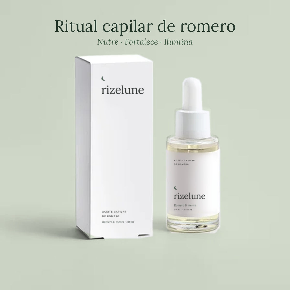 Aceite capilar de romero y menta Rizelune, frasco cuentagotas de 30 ml con su caja